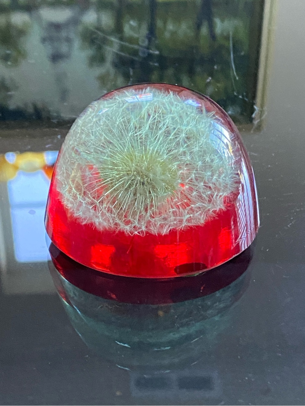 Vintage MCM Dandelion Resin Paperweight Jean Ocker California Red Base Glows USA